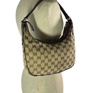 Genuine GUCCI Beige Brown Canvas & Leather Hobo Bag Made In Italy